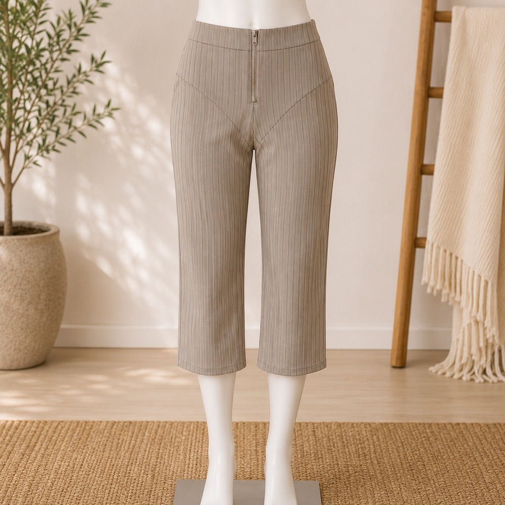 NWT Topshop Capri Pants Womens 12 Green Pinstripe High Waist Exposed Zip Cropped